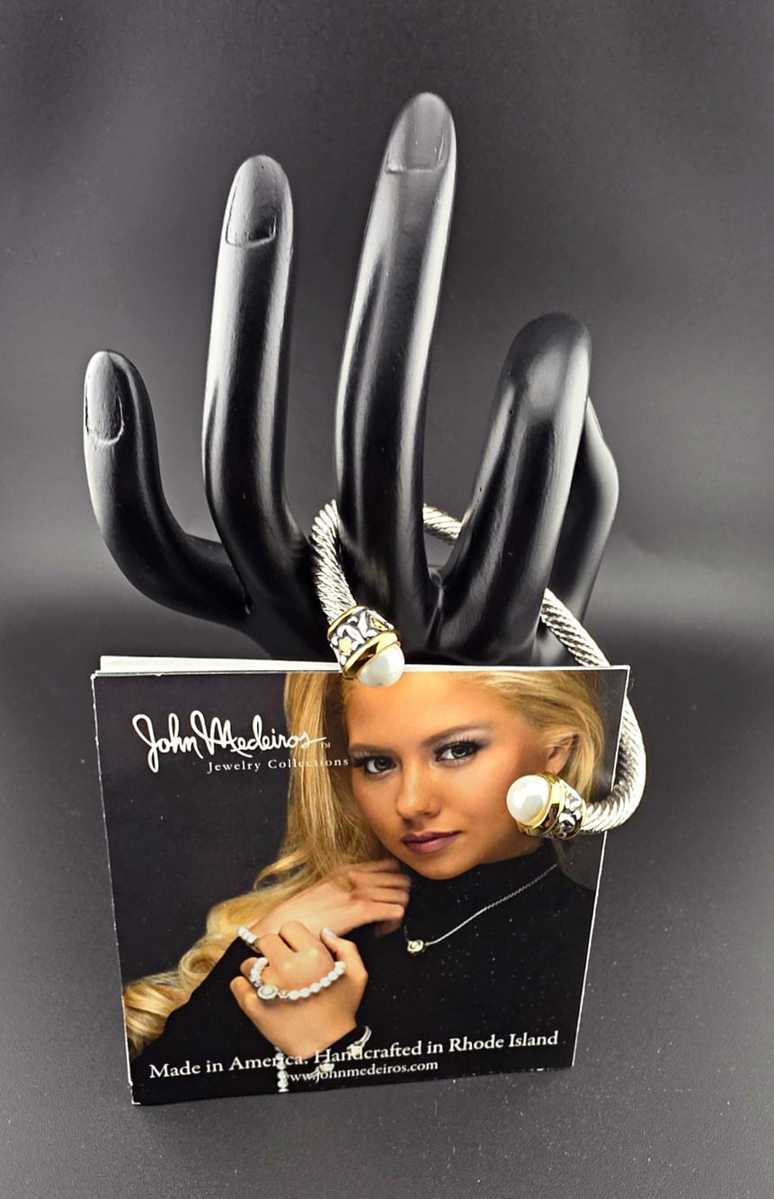 John Medeiros Cable Cuff Bracelet Pearl Ends Signed Handmade